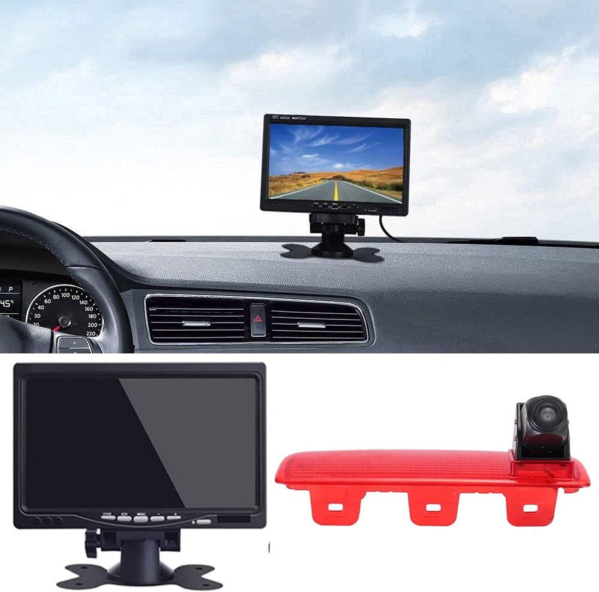 SnelShoppen - 7 Inch TFT LCD Scherm Auto Monitor + Remlicht Auto Dak Achteruitkijkcamera Set Vervanging voor Renault Dacia Dokker Logan MCV Express Bo