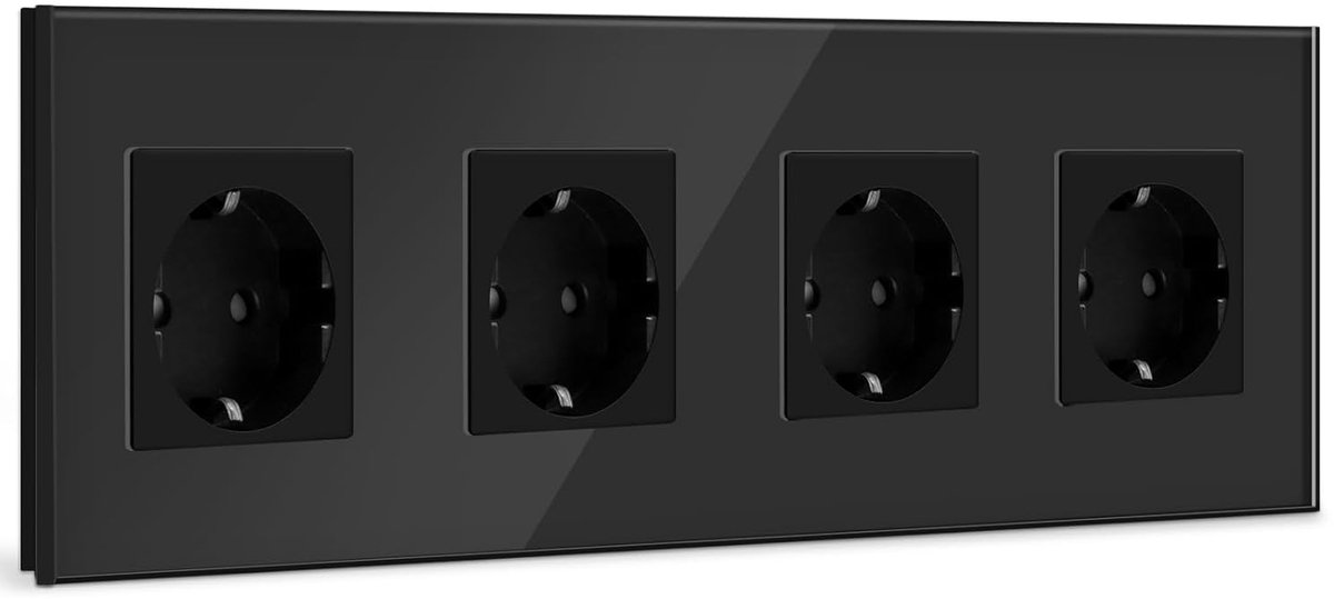 SnelShoppen - 4-Way Schuko Socket, Wandcontactdoos met Kristalglas Paneel, 16 A, 299 mm, Zwart - Ideaal voor Thuis, Keuken, Kantoor en Meer