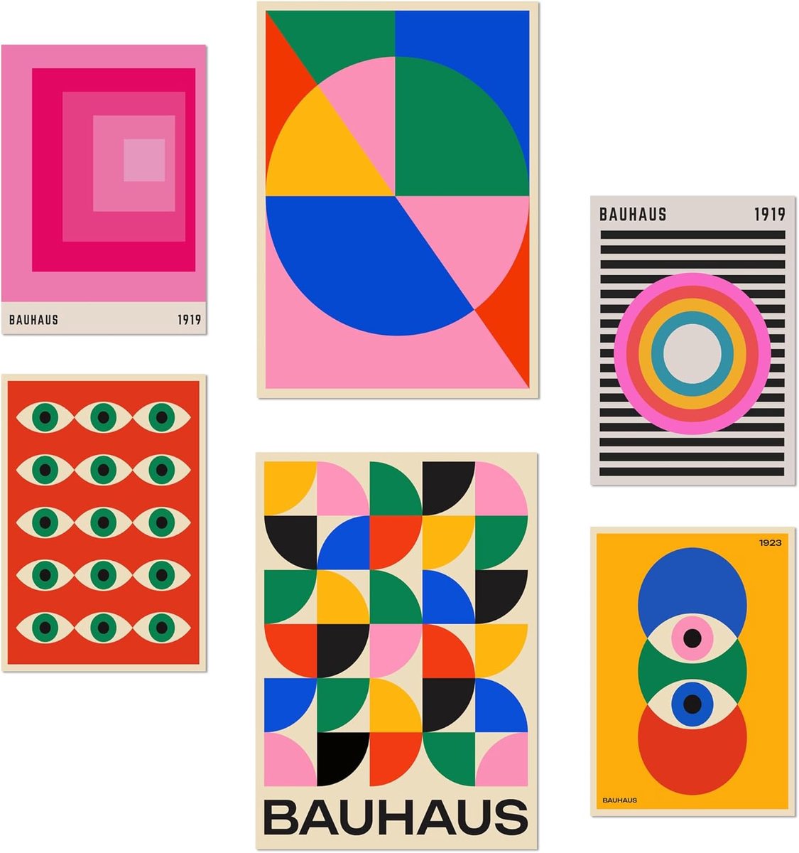 SnelShoppen - Set van 6 Posters Bauhaus Geometrische Vormen Vivid Kleuren A3 A4 Wanddecoratie voor Thuis, Kantoor, Winkel - Frameloos
