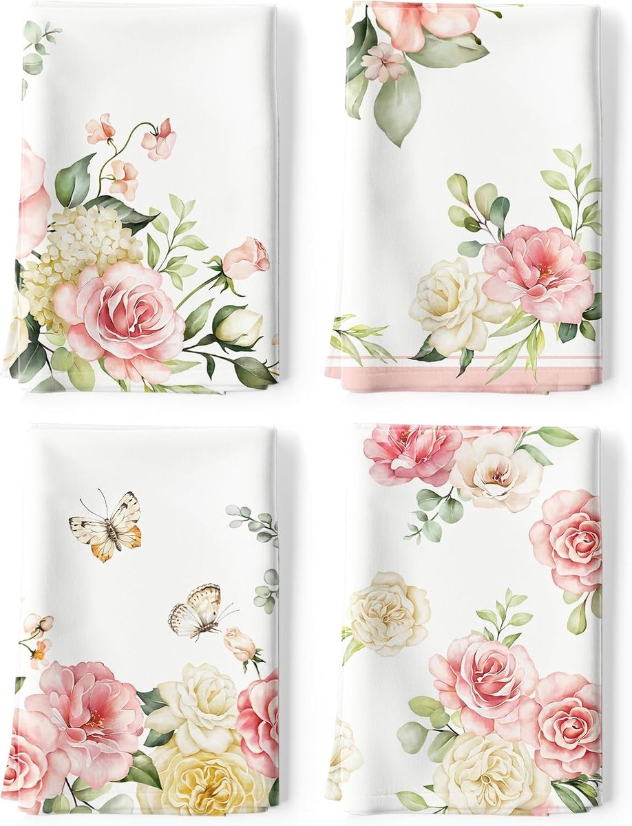 SnelShoppen - 4Pcs Watercolor Keuken Theedoeken 100% Katoen Roze Bloemen Vlinders Sneldrogend Keukenaccessoires voor Tafel, Keuken Decor, Huiswarming