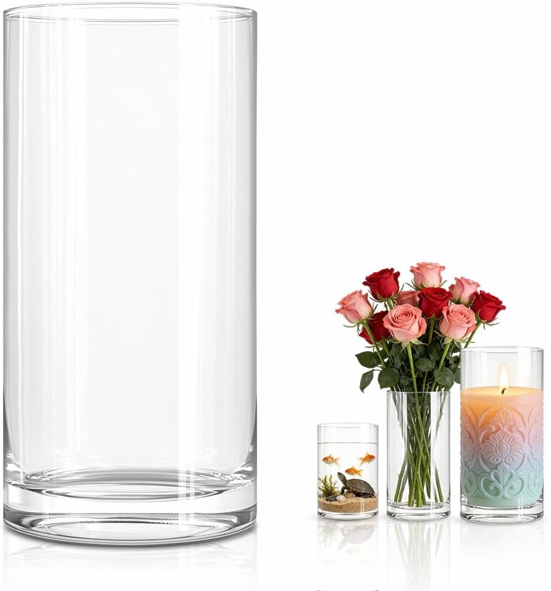 SnelShoppen - Decoratieve Glazen Vaasje Cilinder 30cm - Transparant Glazen Vaas voor Bloemen, Kaarsen, Fruit - Moderne Tafeldecoratie voor Feesten en