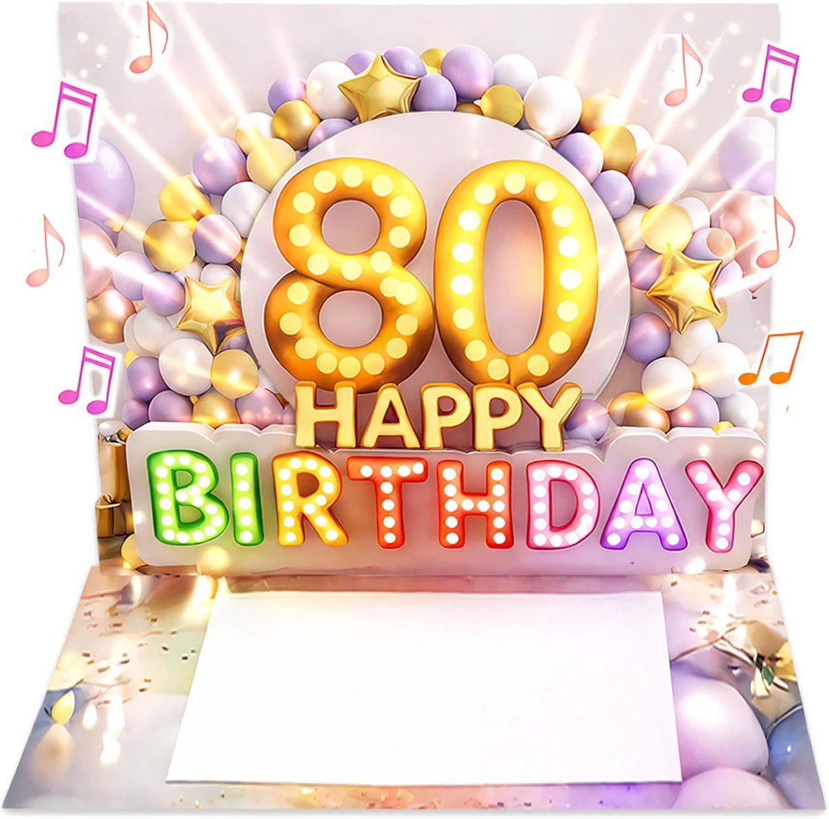 SnelShoppen - 3D Pop Up Verjaardagskaart 80 met Muziek en Licht - Vrouw, 20 x 15 cm - Inclusief Envelop en Seal Sticker - Perfect voor Feestelijke Ver