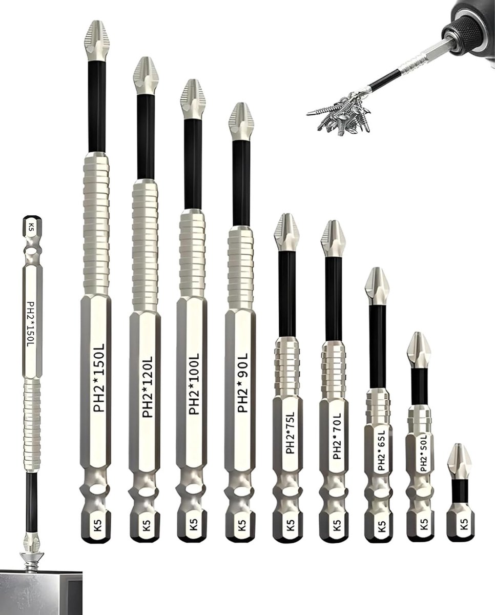 SnelShoppen - 9 Stuks High Magnetic Schroevendraaier Drill Bitset, Magnetische Schroevendraaierbits van Staal, Antislip Tandontwerp, Professionele Set