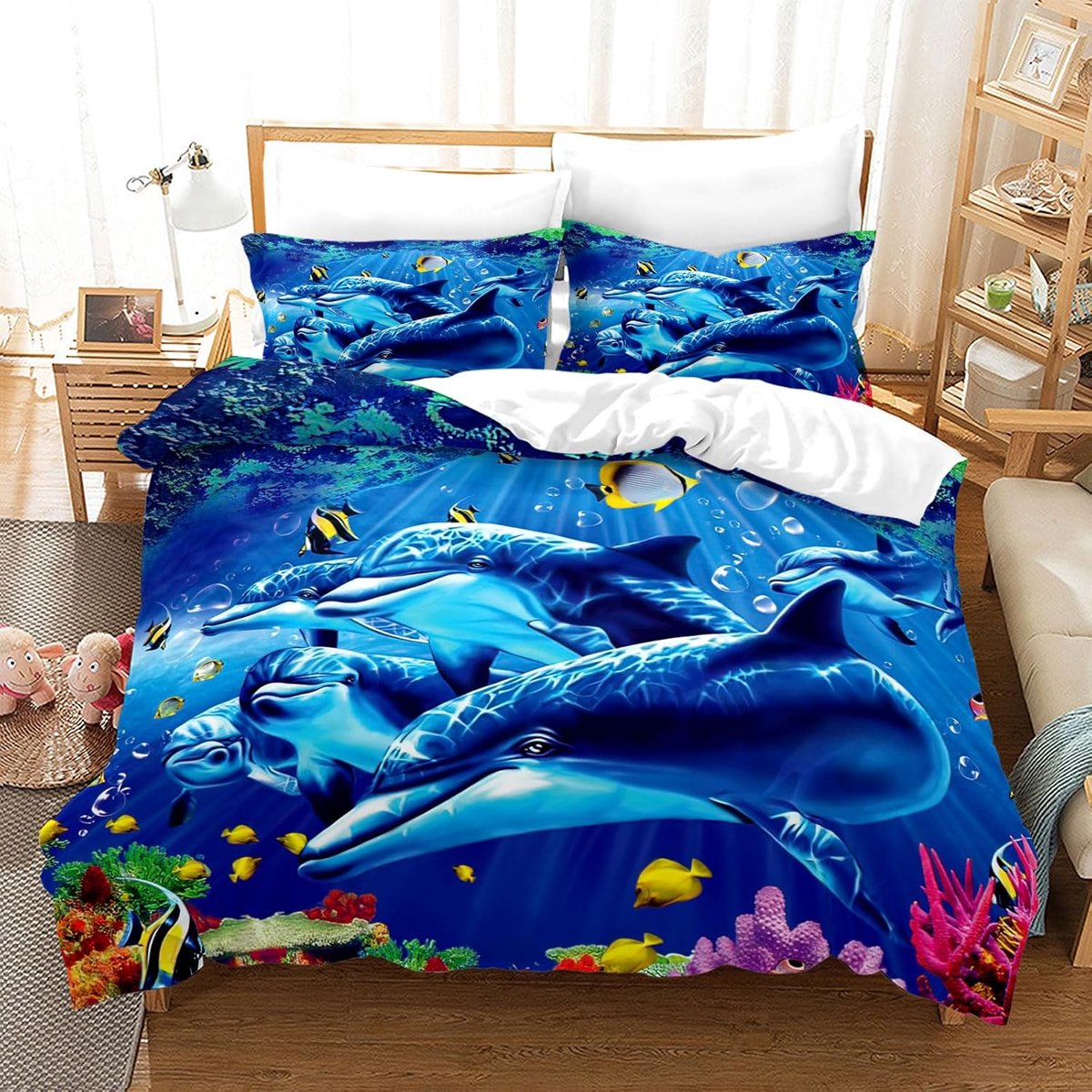 SnelShoppen - Bedding Set 3D Zee Dieren Duvet Cover Onderwater Wereld voor Kinderen, Blauw, 220x240cm, Katoen Polyester, Zeedieren, Dolfijnen, Tropisc