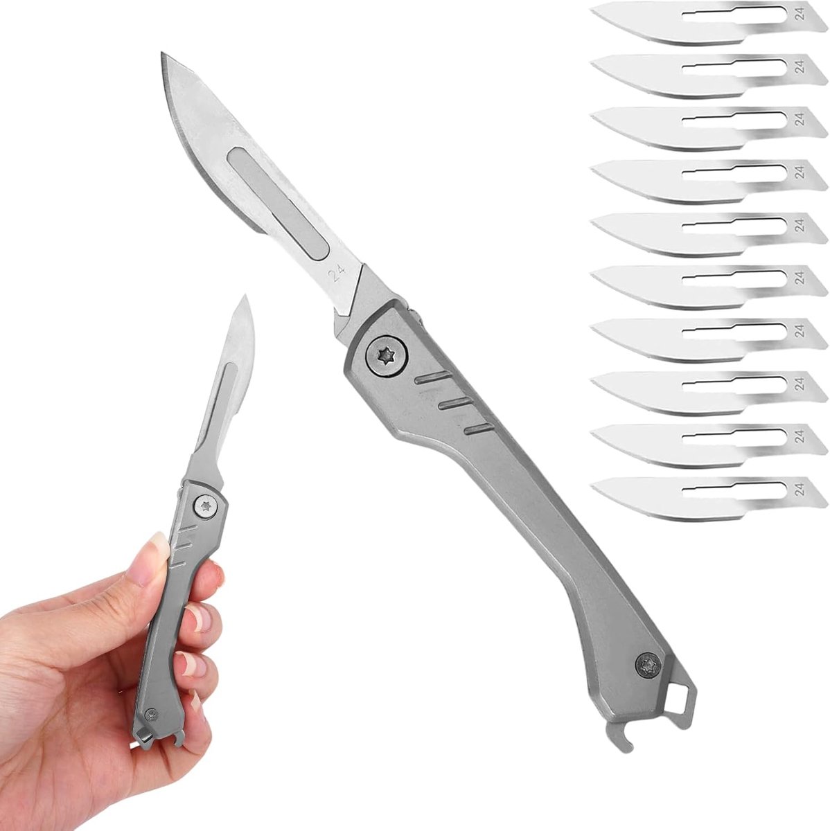 SnelShoppen - Navaja de Bolsillo, Cuchillo Plegable met 10 Interchangeable Blades, Inoxidable, Compact en Lichtgewicht, Perfect voor Camping, Hiken, V