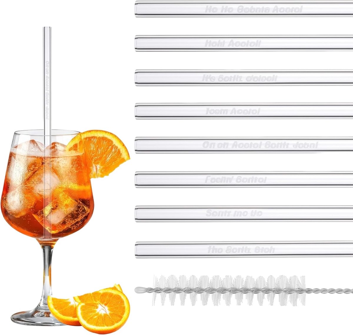 SnelShoppen - Hejo Aperol Glass Straws - 20 cm Herbruikbare Glazen Rietjes voor Aperol Spritz, Smoothies, Cocktails & Sappen - Inclusief Borstel - Uni