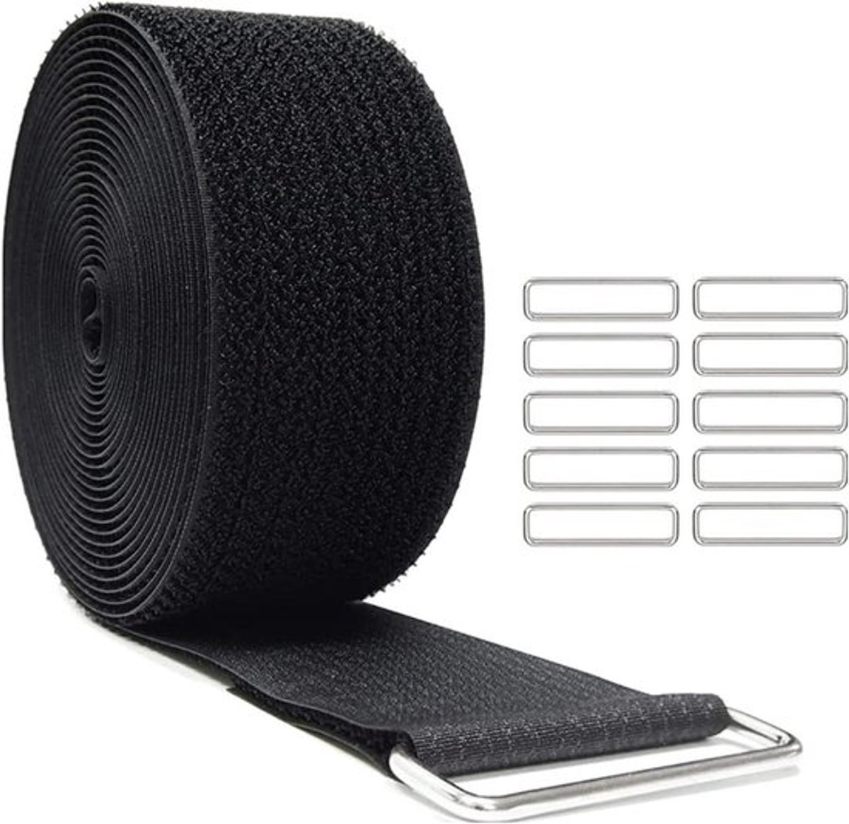 Nylon plakband 10 m x 2 cm - Vrij gesneden lengte - Nylon plakband met 50 metalen gespen - Zwart.