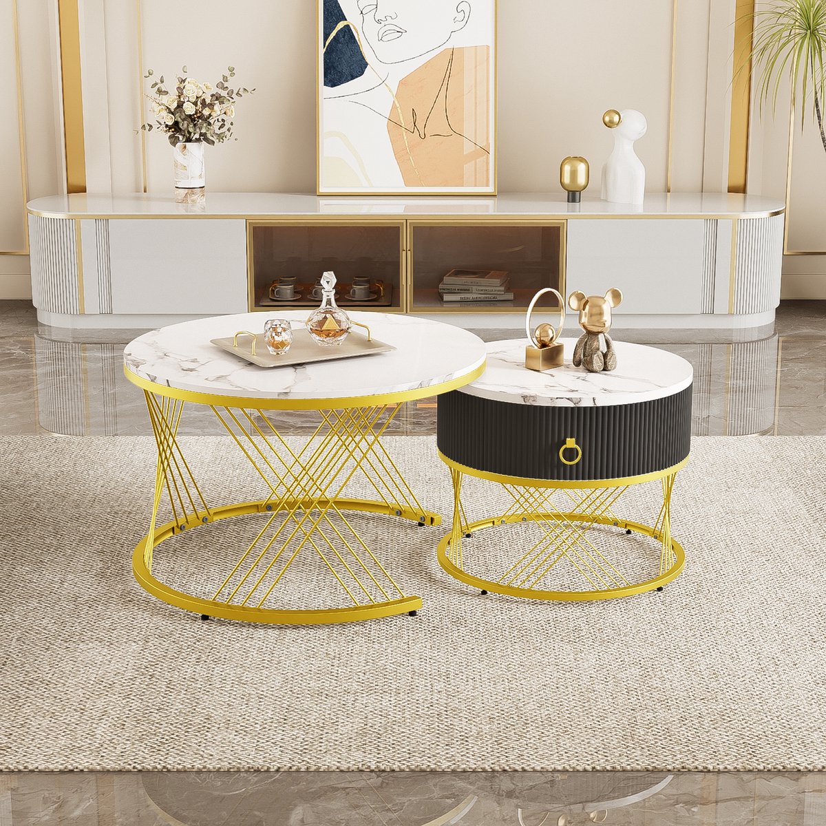 COVREO Salontafel set van 2 70x70x45 cm – wit en goud, marmerlook fineer, met lade