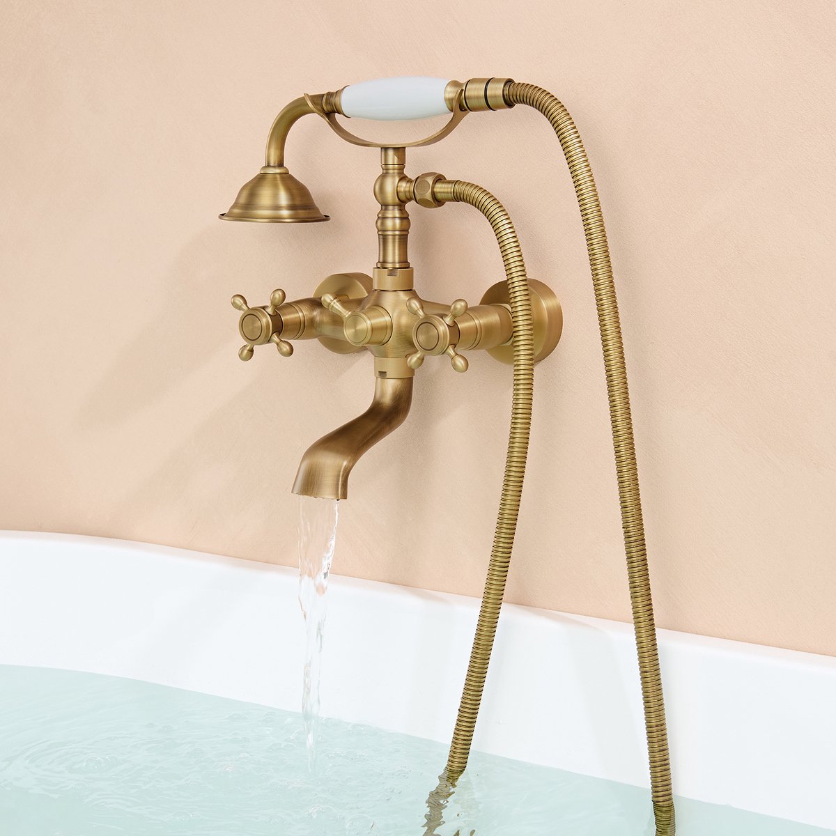 Auralum Max Opbouw Badkraan met Handdouche Complete Set - Antiek Messing Doucheset - 360° Draaibare Mengkraan - met 2 Functies - 150 mm Hartafstand - Antiek Koper - Goud