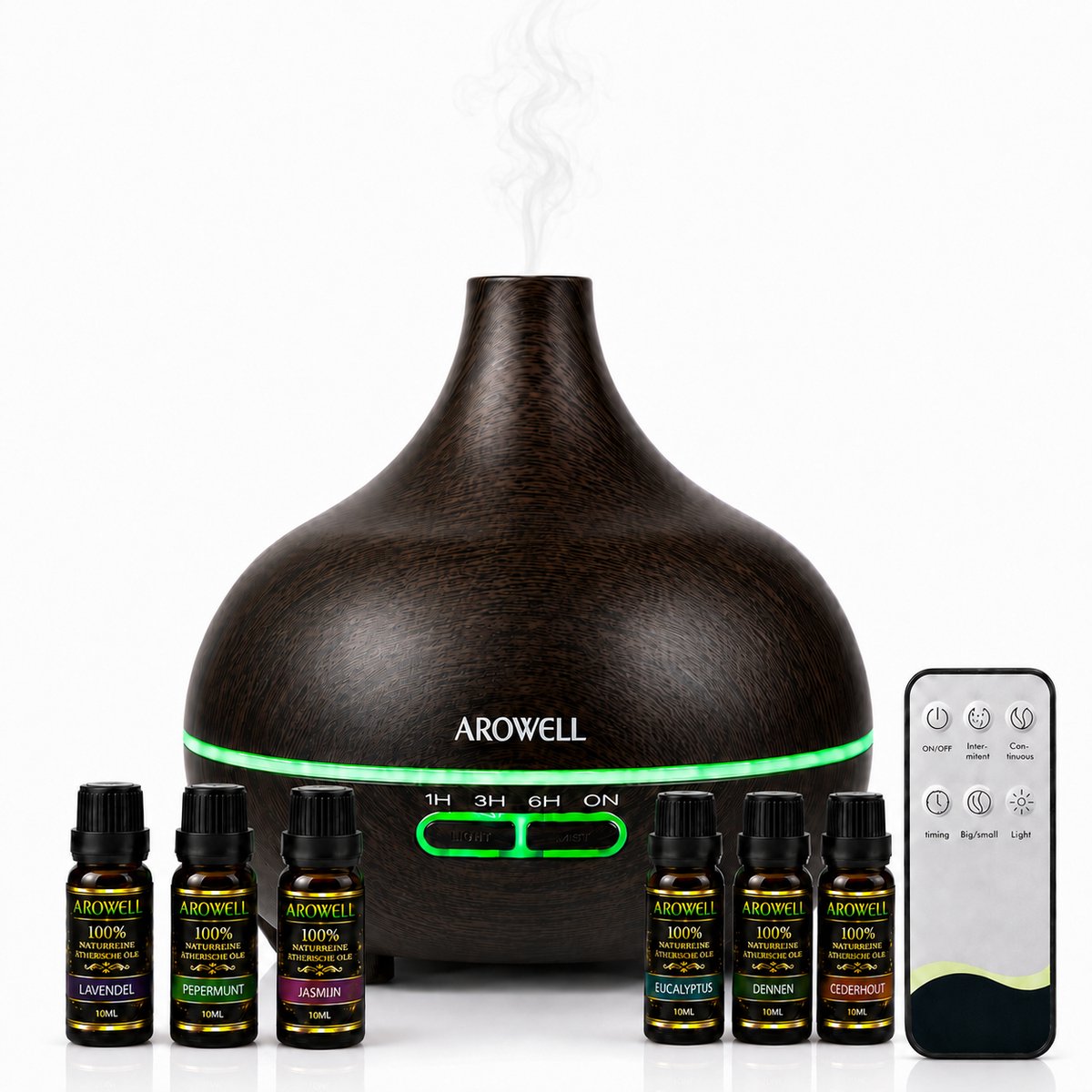 Arowell – Aroma Diffuser 500 ml met 6 × 10 ml 100% Natuurlijke Etherische Oliën – Afstandsbediening, Timer & 7 LED Kleuren – Luxe Geschenkset