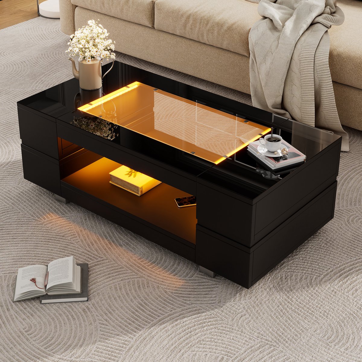 COVREO Salontafel 100x50x35 cm – zwart, LED-verlichting, glazen blad en 2 opbergplanken
