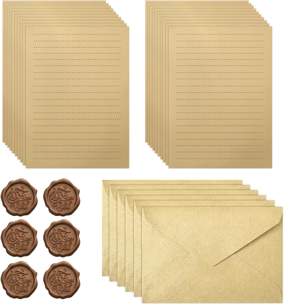 SnelShoppen - Vintage Stationery Set - 20 Vellen Aged Kraft Papier, 6 Retro Enveloppen en 6 Wax Seal Stickers - Elegant Briefpapier voor Bruiloften en