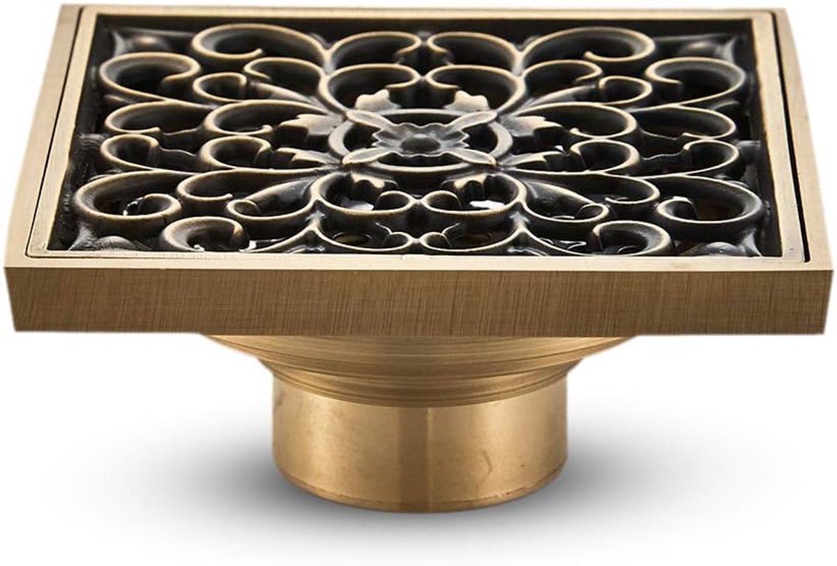 SnelShoppen - Brass Bathroom Drain - Unieke Vierkante Doucheafvoer met Bloemmotief - Corrosiebestendig Koper - 10x10cm voor Badkamer, Tuin en Toilet