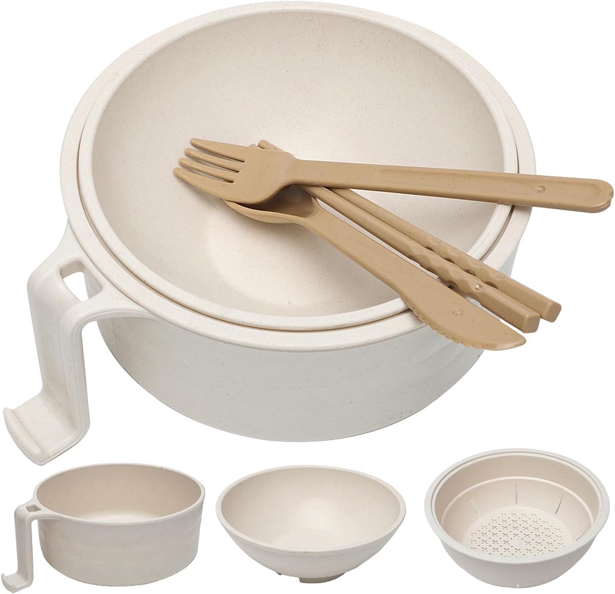 SnelShoppen - Set van 6 Magnetronkommen - Ramenkommen met Deksel, Eetstokjes, Lepels en Vorken - Draagbare Ramenkom, Saladeschaal voor Thuis, Wit