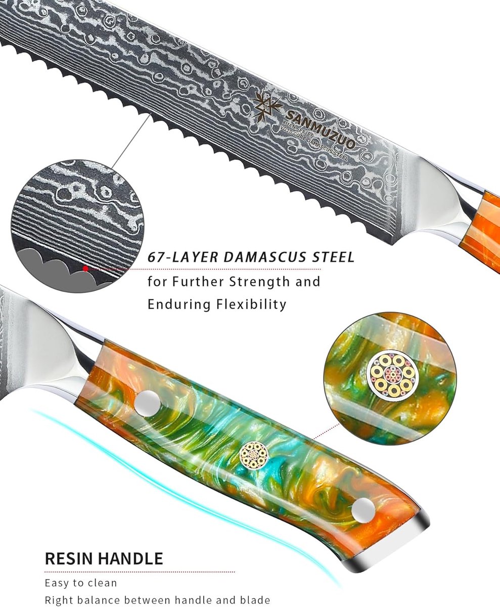 SnelShoppen - 20cm Serrated Broodmes Professioneel Koksmes 67 Lagen Japanse Damaststaal VG10 met Houten Handvat - Fantasy Oranje voor Keuken en Bakken