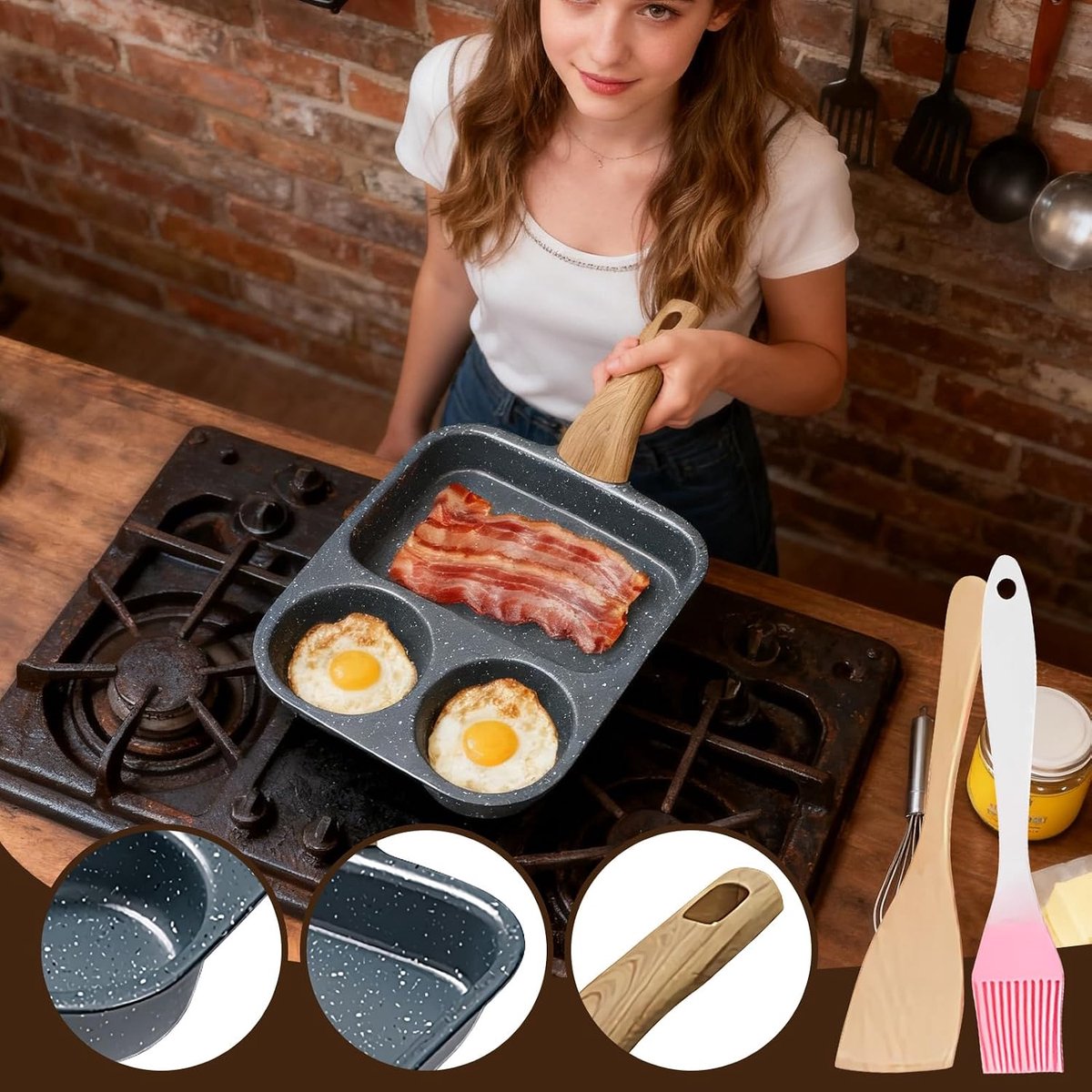 Pannenkoekenpan Ontbijtpan Ontbijt Maken Drie Vakken 39x19x9cm Zwart