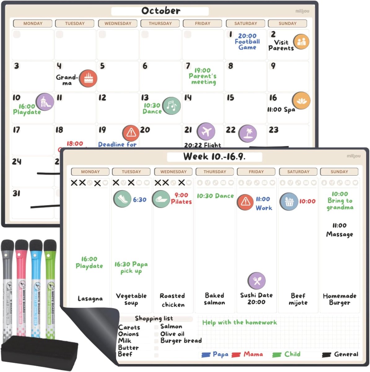 SnelShoppen - Magnetische Kalender voor Koelkast A3 - Uitwisbare Maand- en Weekplanner met 42 Stickers, 4 Markers en 1 Gum - Magnetisch Whiteboard voo