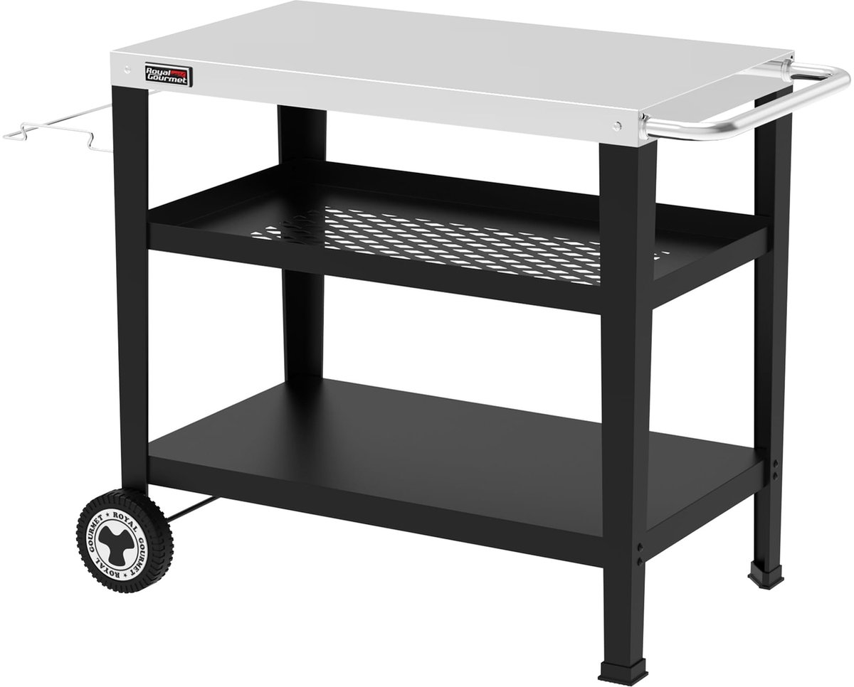 SnelShoppen - Royal Gourmet Serveerwagen 3-etages Roestvrij Staal - Keukenwagen met Vuilniszakhouder - Outdoor Trolley - Bijzettafel voor Tuin, Campin