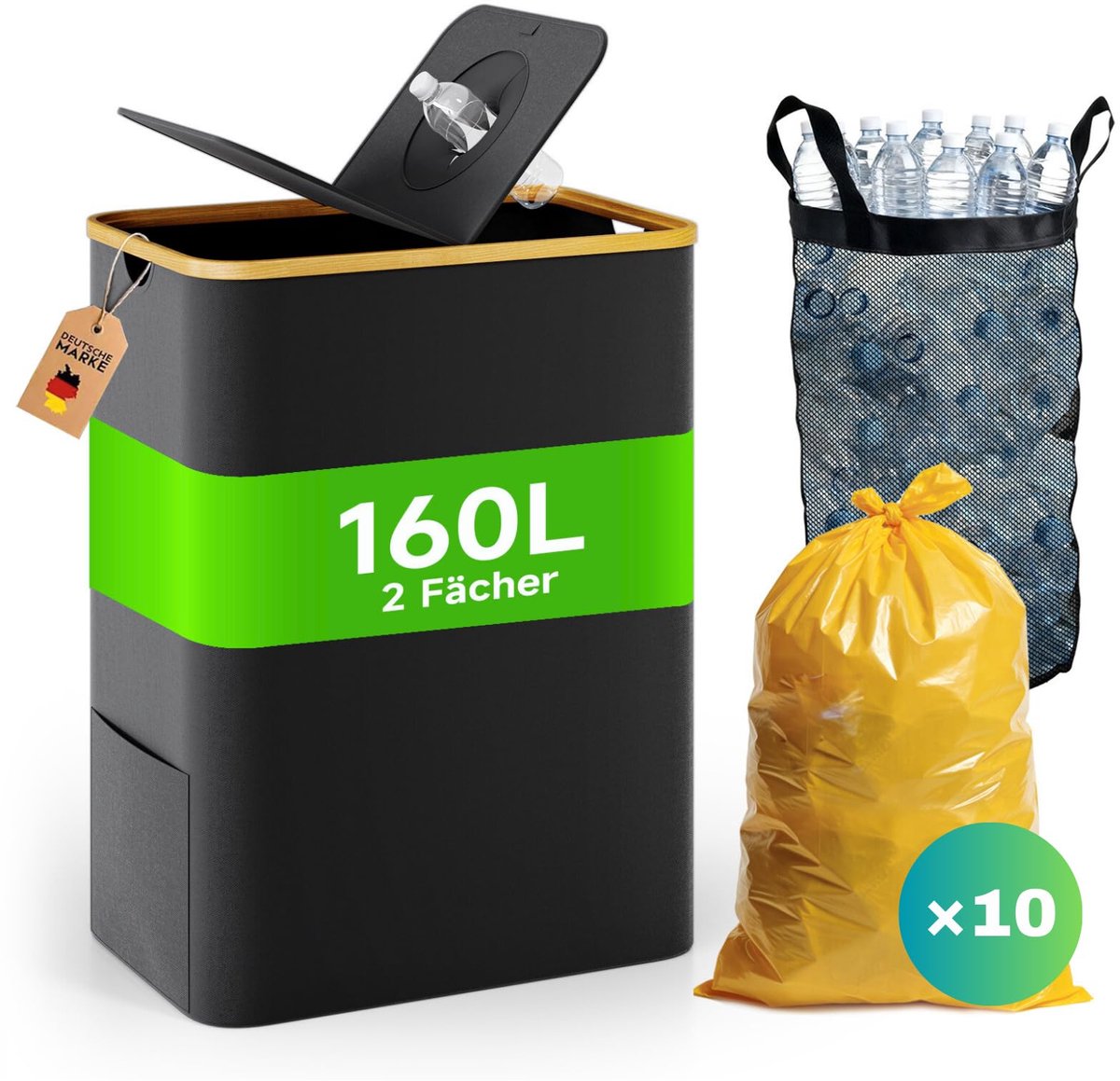SnelShoppen - 160L Afvalzakstandaard met Deksel - Opvouwbare Vuilnisbak - Inclusief 10 Vuilniszakken - Zwart - Ideaal voor Keuken, Huis en Kantoor
