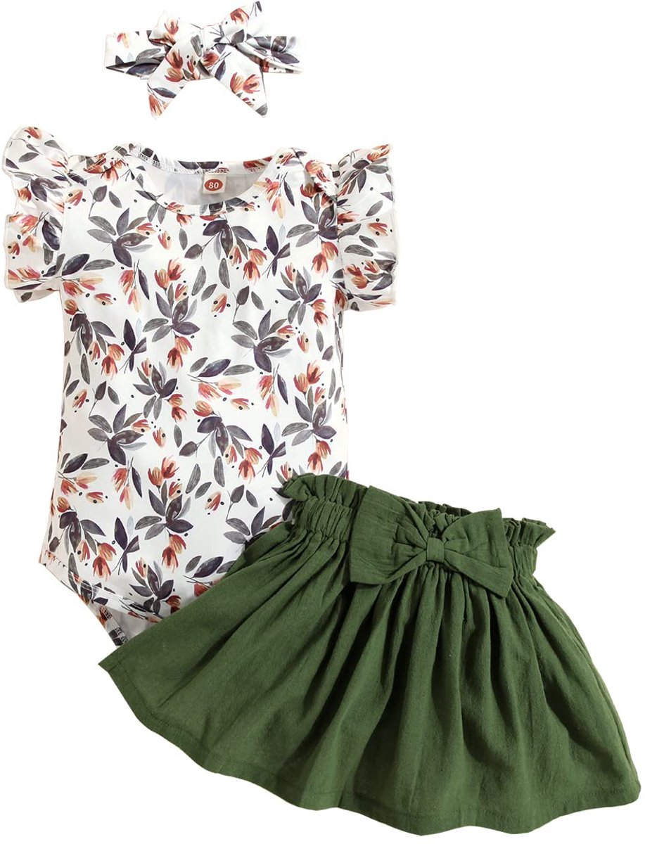 SnelShoppen - Babykledingset voor pasgeborenen, 3-delige set met korte mouwen, overall met ruches, rok en haarband, bloemen/luipaardpatroon, 0-24 maan
