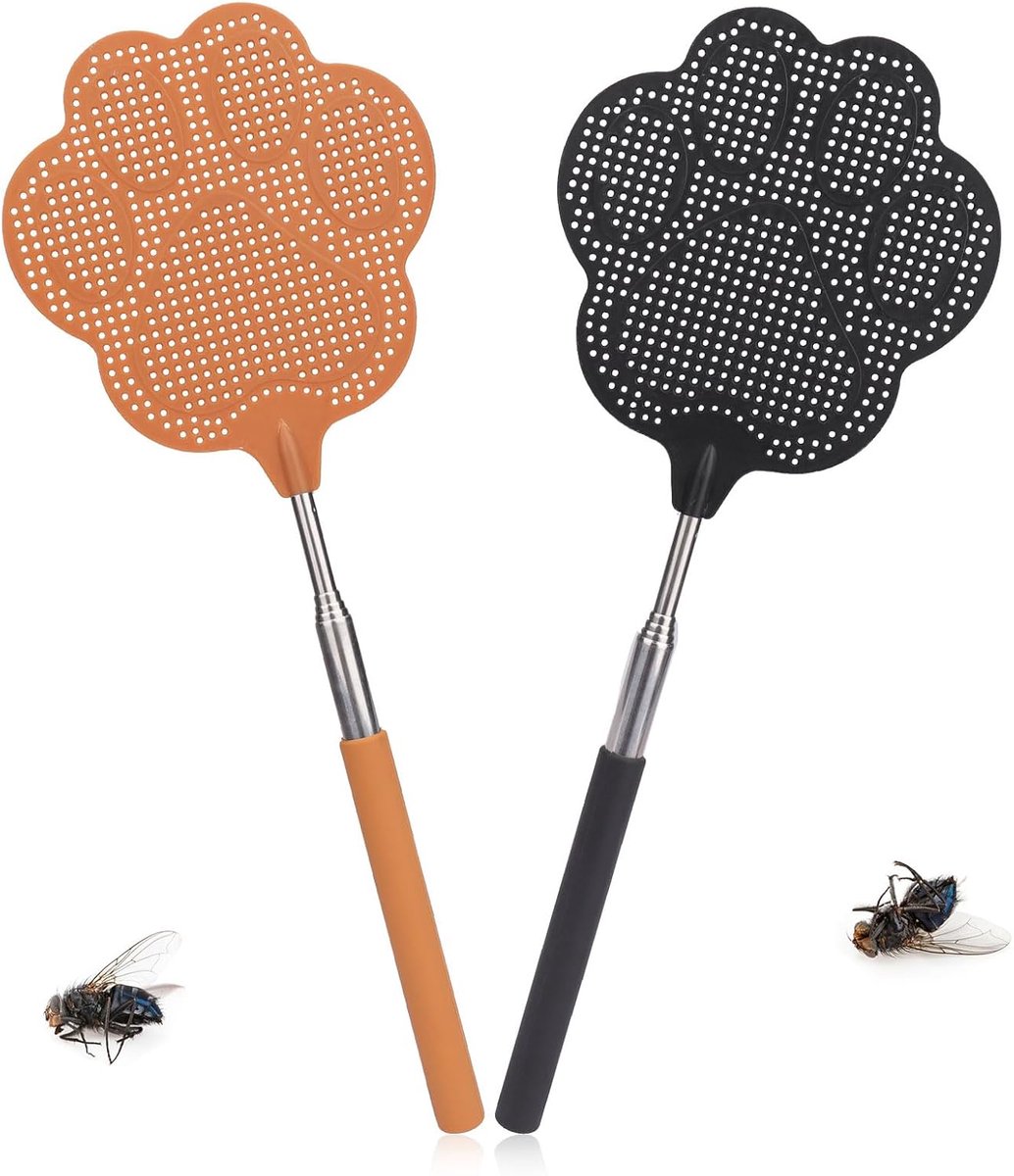 SnelShoppen - Fly Swatter 2 Stuks Uittrekbare Vliegenmepper met Ingebouwde Muggenkrabber, Ideaal voor Huis en Tuin, Zwart en Bruin, Duurzaam en Comfor