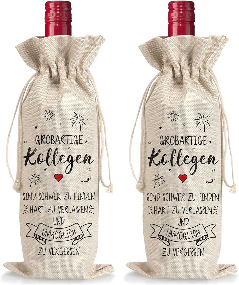 SnelShoppen - Pack van 2 Jute Wijnfles Tassen, Herbruikbare Cadeautassen voor Collega's, Perfecte Afscheidsgift, Duurzaam en Milieuvriendelijk