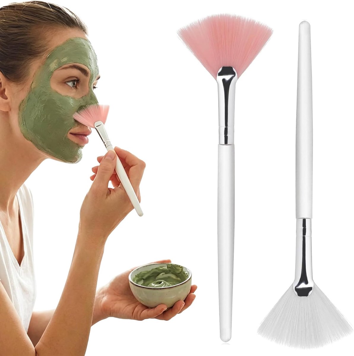 SnelShoppen - Set van 2 Fan Brushes - Multi-Functionele Gezichtsmasker & Highlighter Borstels van Synthetisch Vezel - Elegante Wit & Roze - 15.2 cm vo