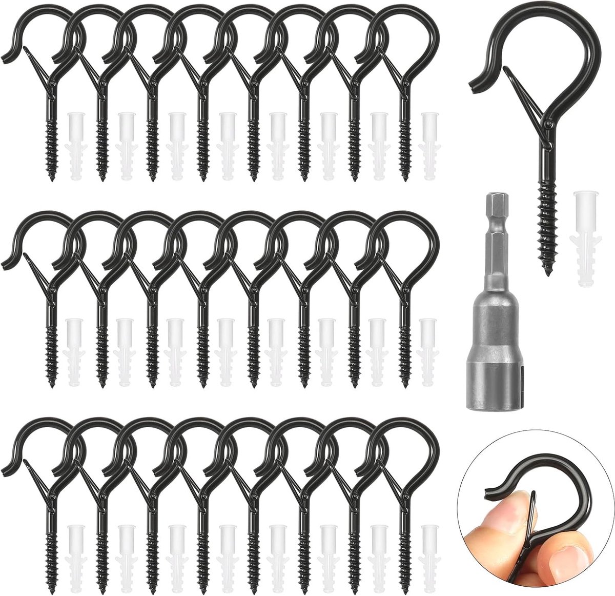 SnelShoppen - 25 Pcs Screw Hooks - Robuuste M4 Ceiling Hooks - RVS Hanghaken voor Hammocks, Plant Baskets, String Lights - Zwart, Duurzaam en Roestvri