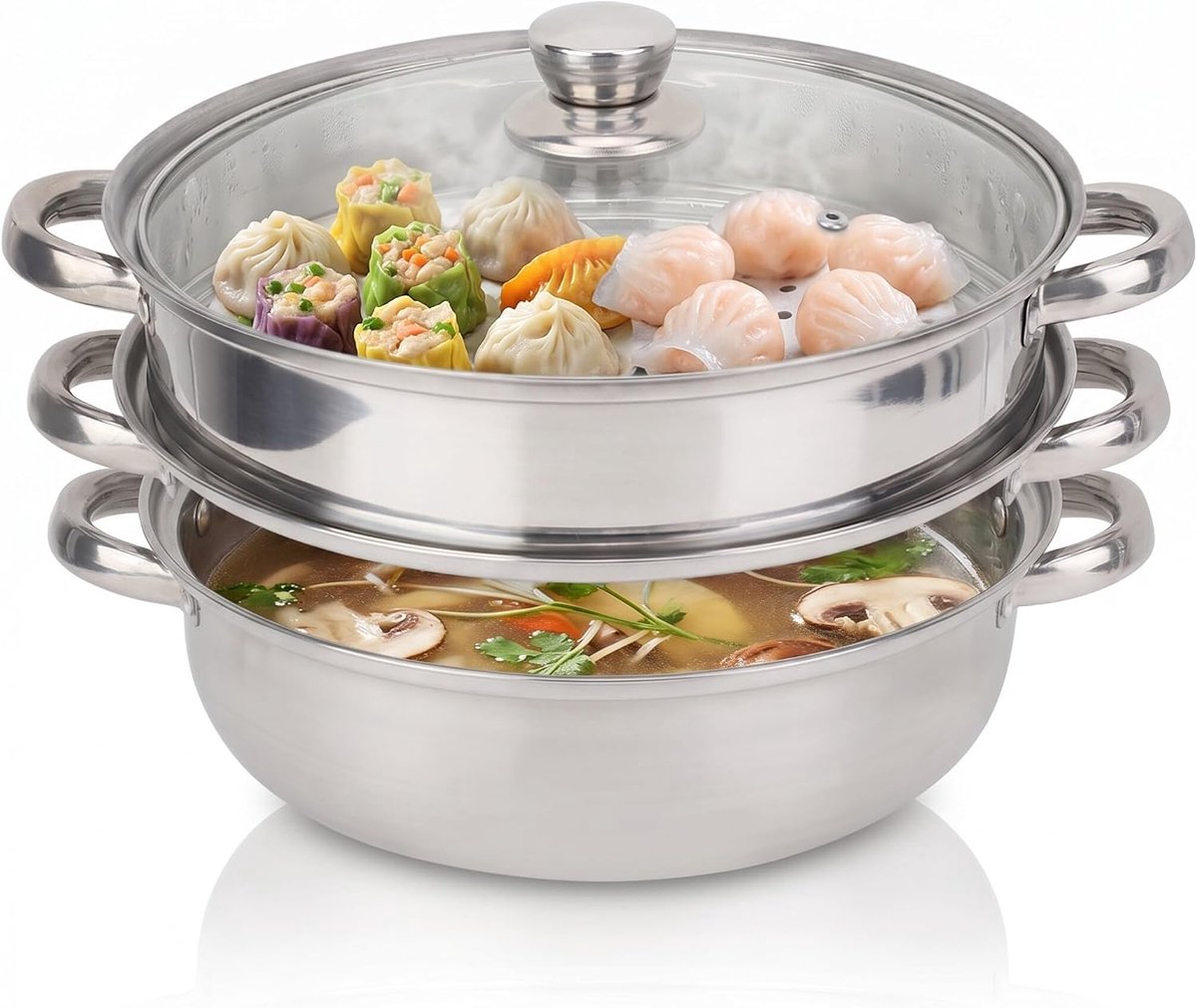 SnelShoppen - Stoomkoker 2 lagen 27 cm - RVS, snel stomen, glazen deksel, perfect voor keuken, gezond koken, efficiënt, poriënontwerp