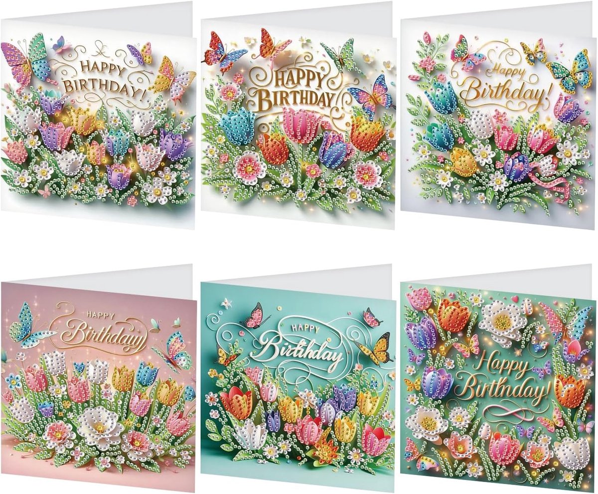 SnelShoppen - 6 Stuks Diamant Schilderen Wenskaarten Tulpen - Verjaardagskaarten Met Speciale Diamanten - Creatieve Bloemenkaarten Voor Feestdagen