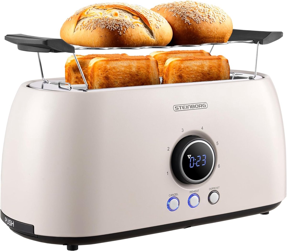 SnelShoppen - Toaster voor 4 Sneden met Automatische Uitschakeling, Dubbele Sleuf, LED Display, Beige, Koel-Touch Huis, Perfect voor Keuken en Ontbijt