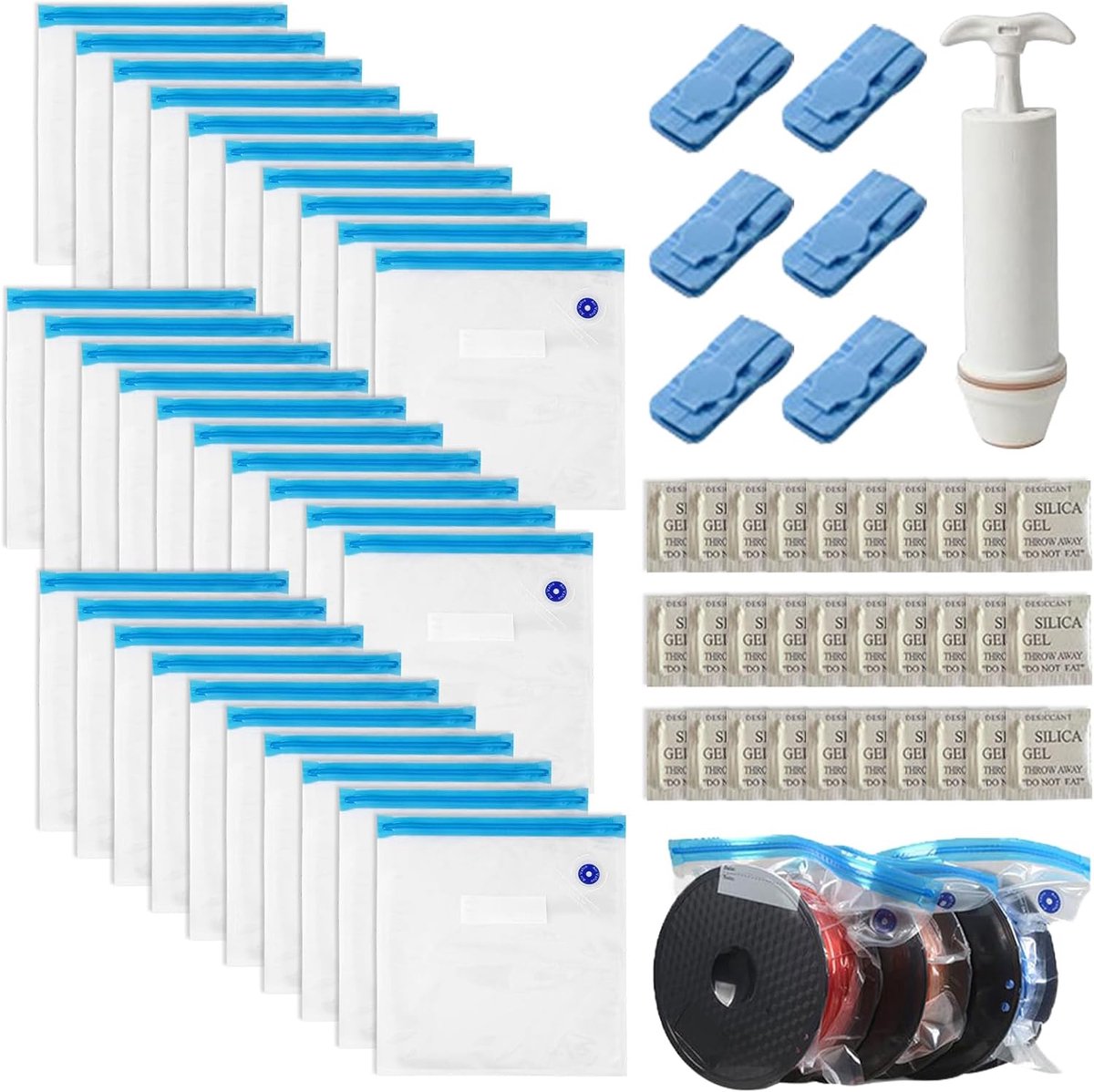 SnelShoppen - Vacuum Bags Filament en Desiccant Bags Set - 30 Resealable Pouches + 30 Desiccant Zakjes + Handpomp + 6 Sluitclips - 30x34 cm - Herbruik