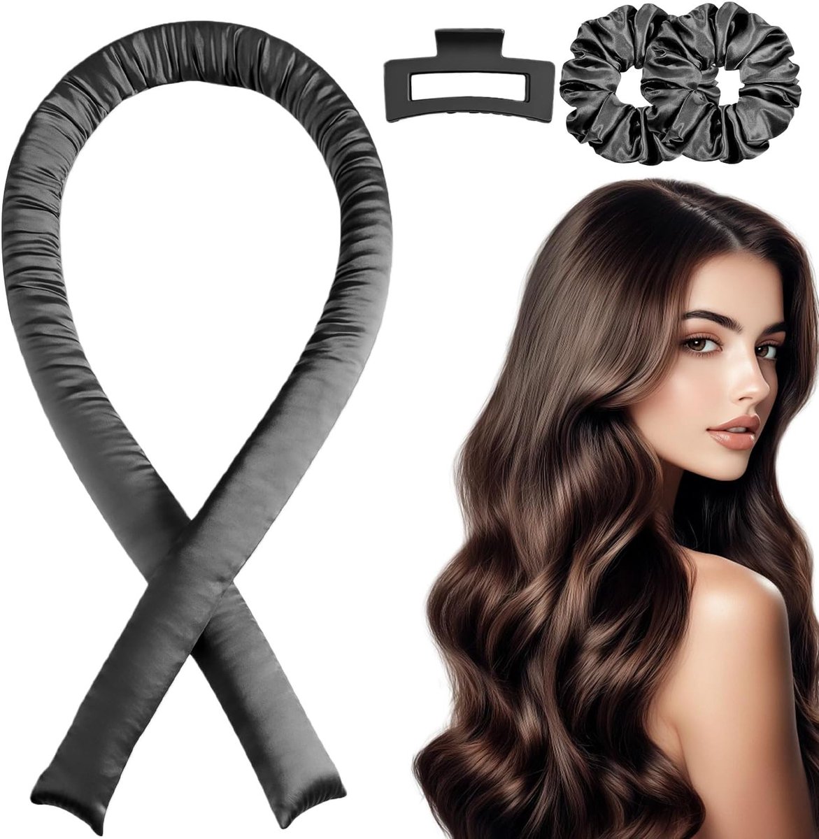 SnelShoppen - Heatless Hair Curler Set voor Droomgolven, Krullers Zonder Hitte voor Nachtelijke Blowout, Lange Haar, Donkergrijs