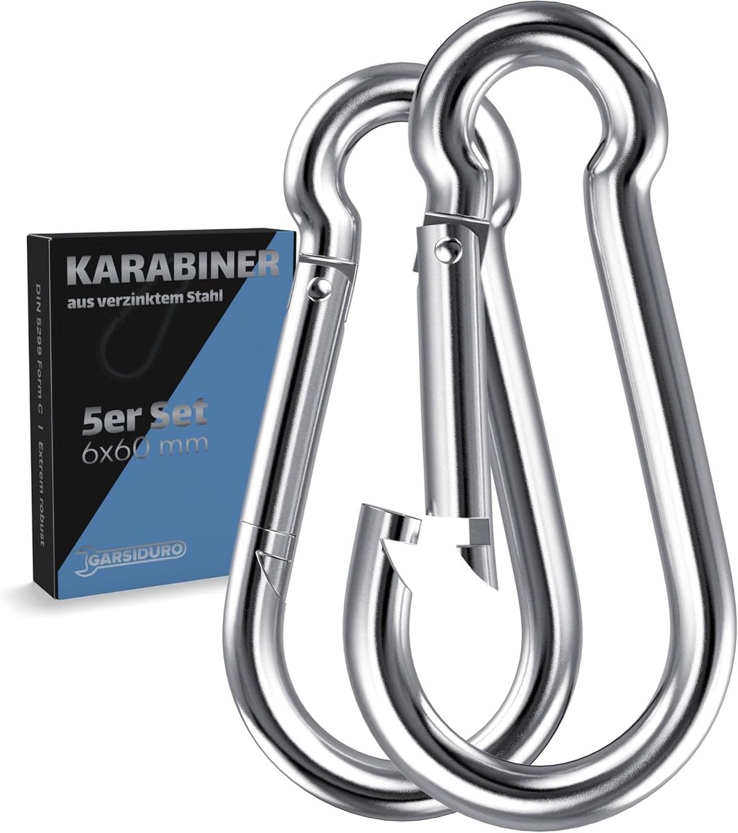 SnelShoppen - Carabiner Haak 6x60 mm - 5 Stuks - Gegalvaniseerd Staal DIN 5299 C - Sterke Veiligheidshaken voor Camping, Tuin, Sleutels, Awnings, Hamm