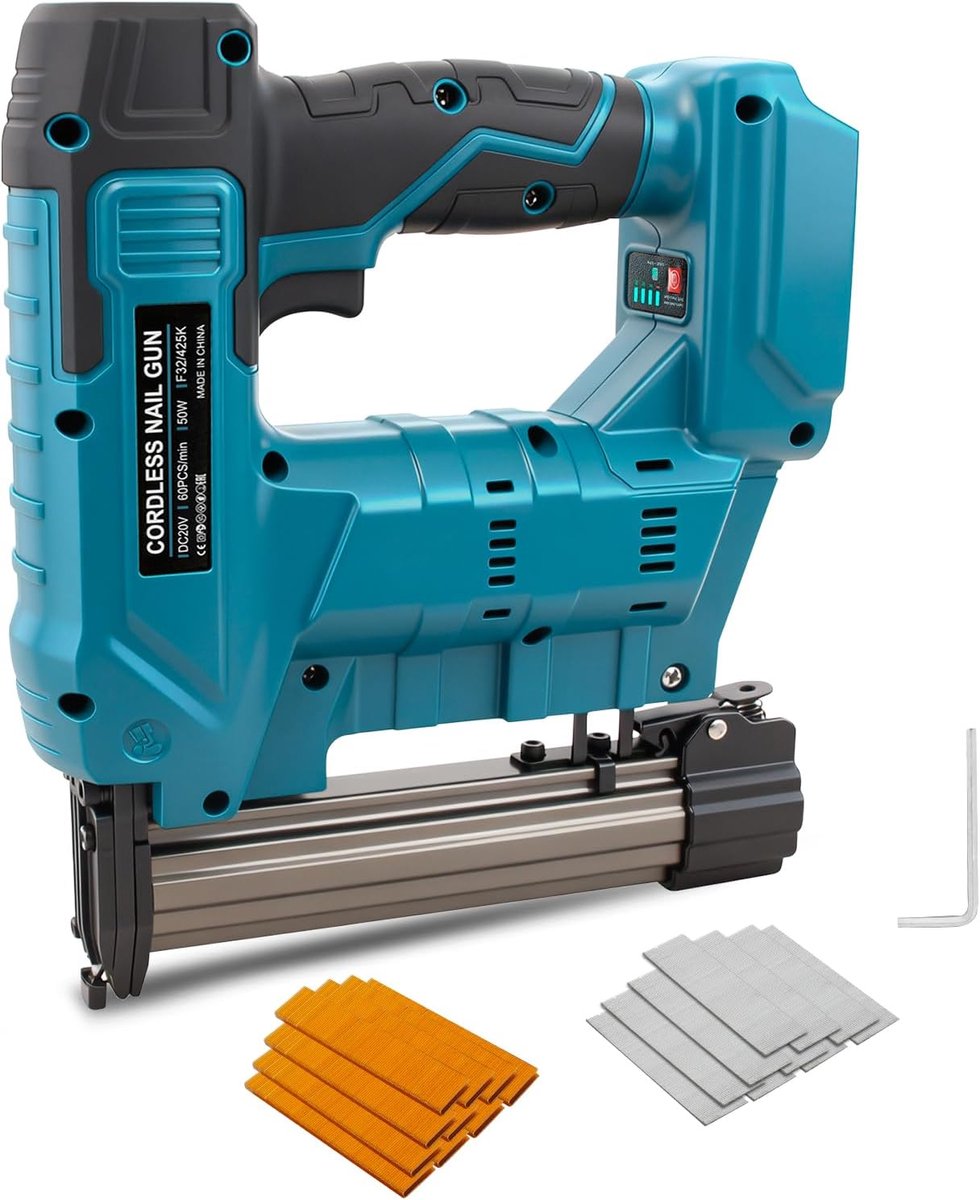 SnelShoppen - Draadloze Brad Nailer, 2-in-1 Elektrische Spijkerpistool en Nietpistool, Compatibel met 18V Accu, Inclusief 1000 Spijkers en 1000 Nietje