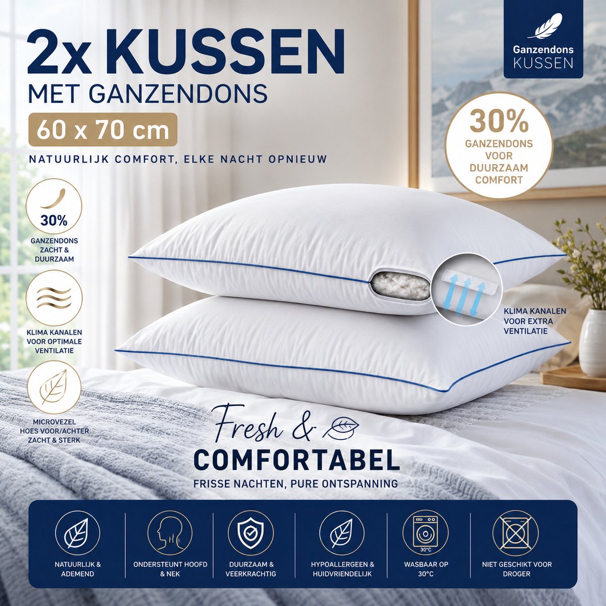 Fabric Box Premium Ganzendons Hoofdkussen 60x70 cm – Set van 2 – 30% Ganzendons – Ademend en Veerkrachtig – Hoofd- en Nekondersteuning