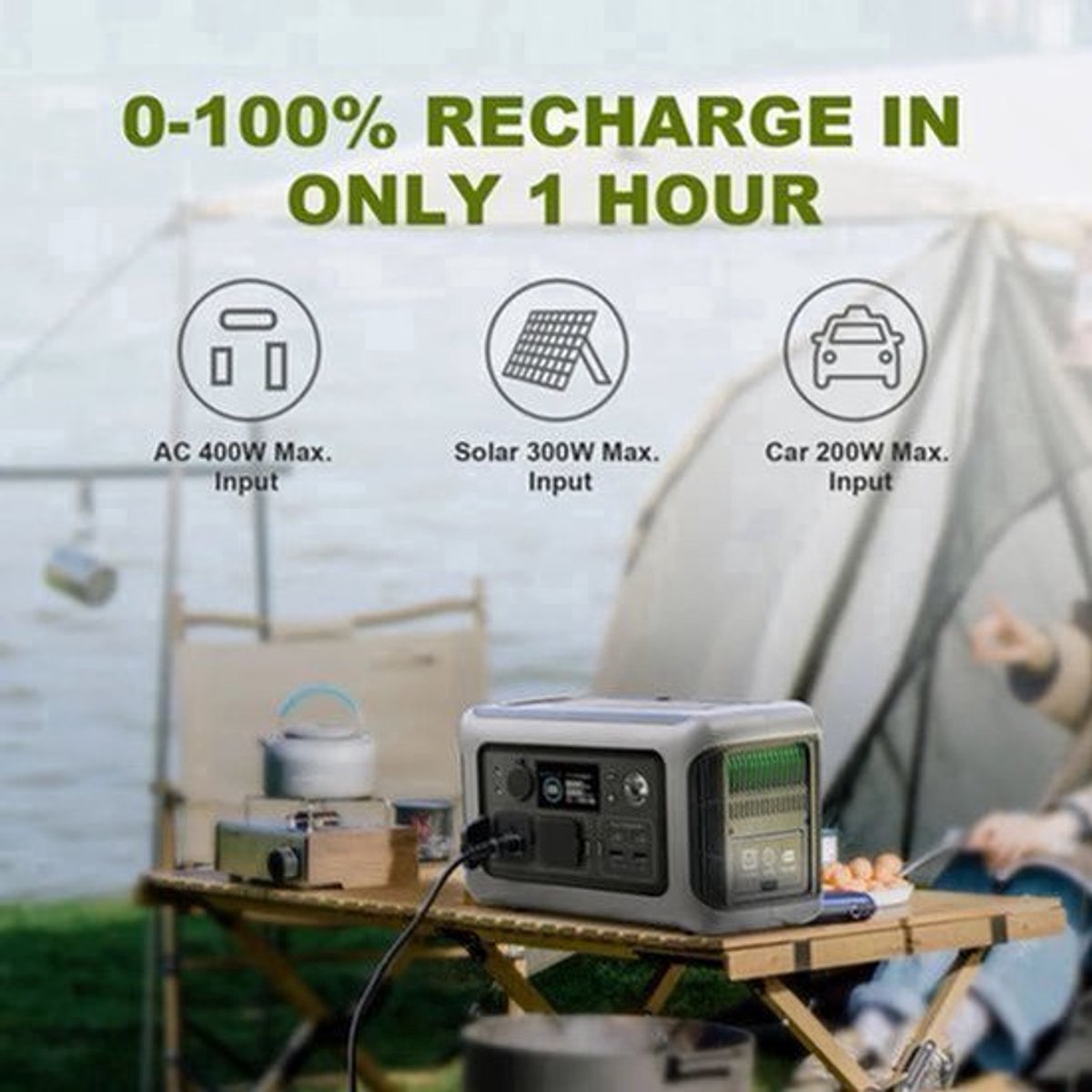 Powerstation - Generator - Aggregaat - Powerbank - Draagbare - 299Wh LiFePO4 - 600W AC Uitgang en 100W Zonnepaneel - voor Camping en Noodstroom