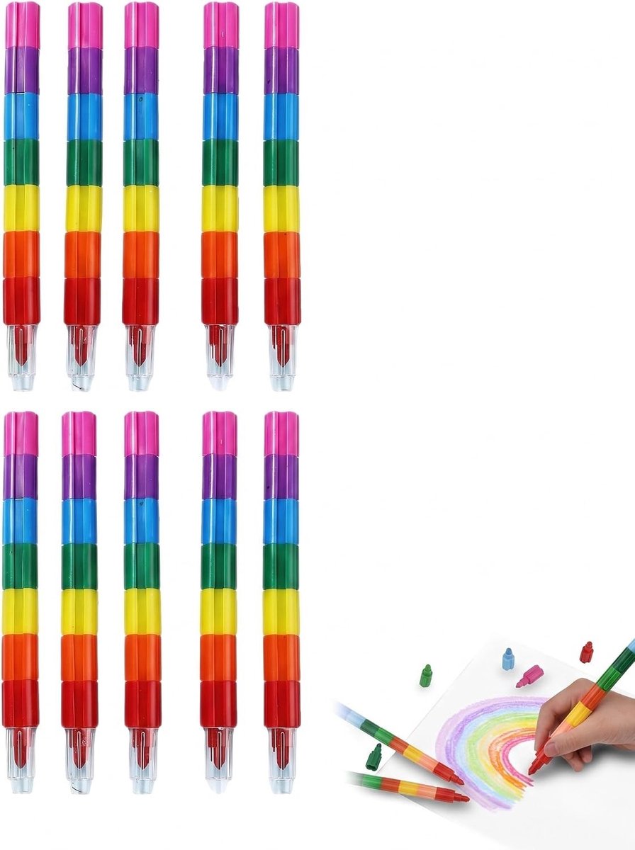 Kleurpotloden voor Kinderen, Set van 10, Stapelbaar, Duurzaam Plastic, Creatief Speelgoed voor Verjaardagen en Feestjes, Geschikt voor Jongens en Meisjes