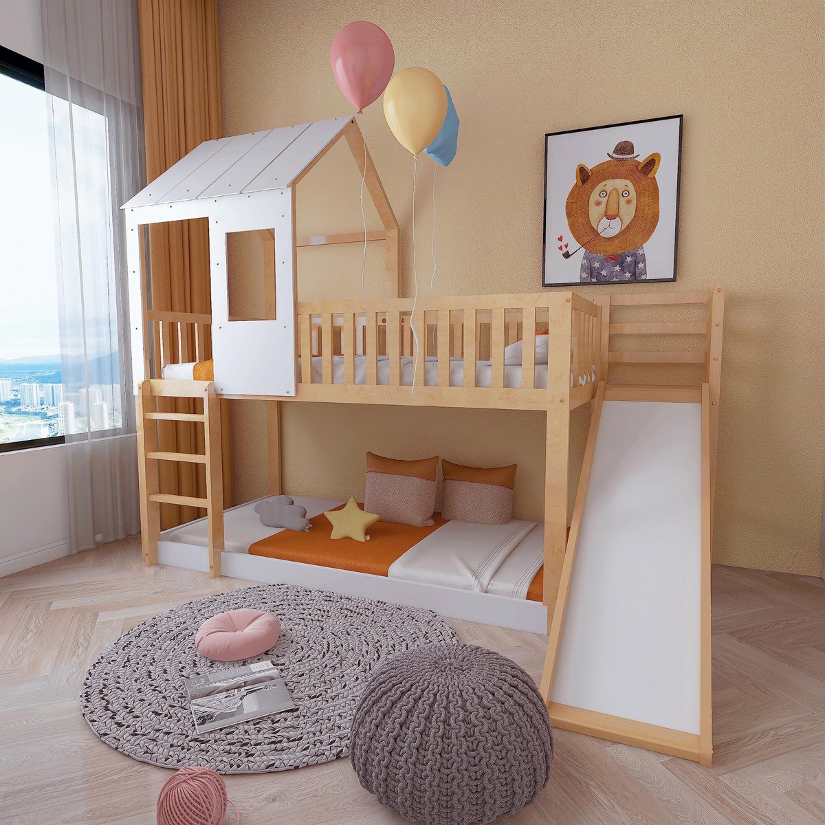 Bunk Bed met Glijbaan en Veiligheidshek - Natuurlijk + Wit - 90 x 200 cm