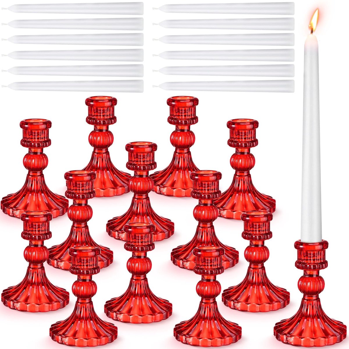Set van 24 Glazen Kandelaren met Witte Kaarsen - Rode Decoratie