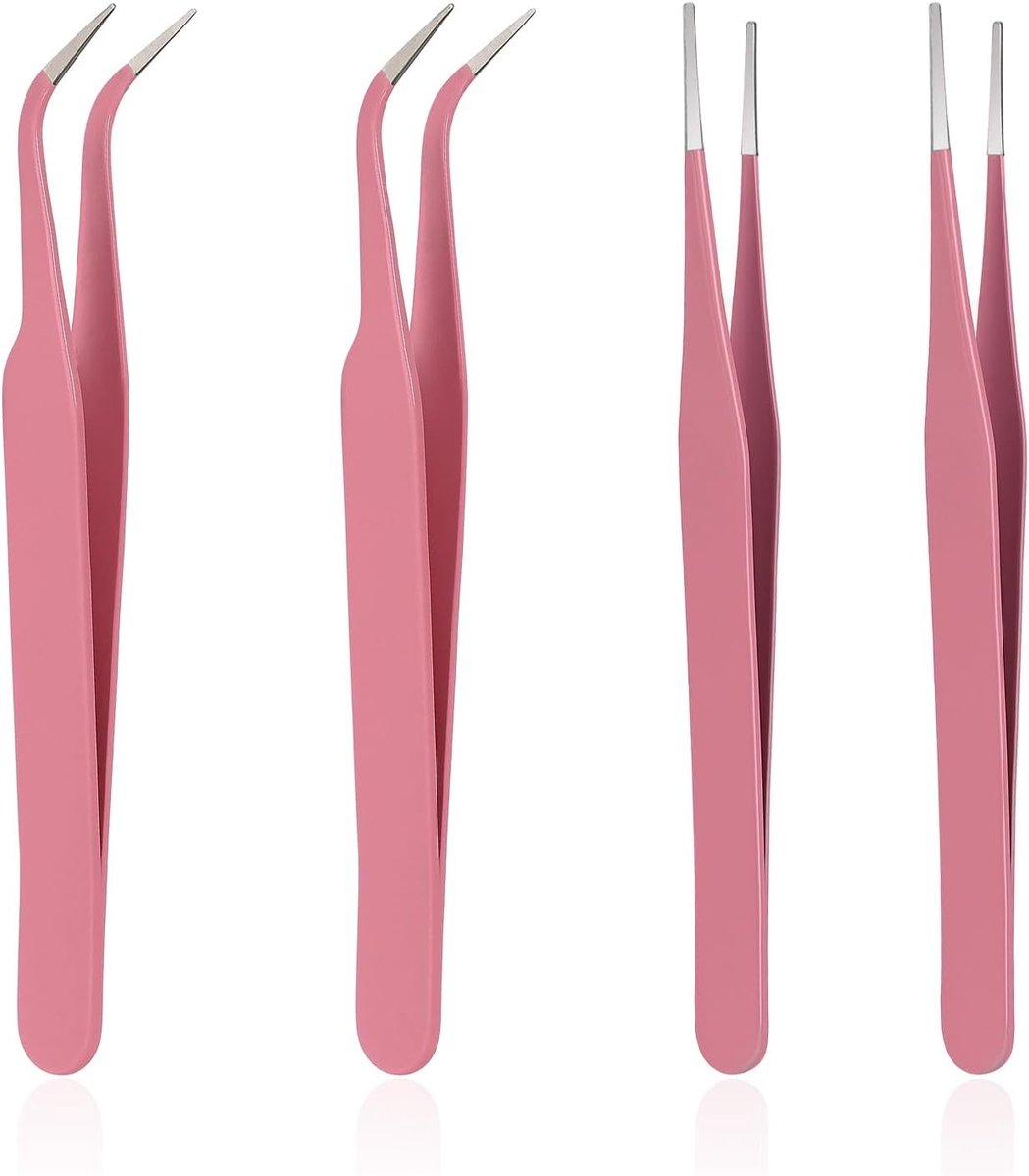 Set van 4 Wimperpincetten met Rechte en Gebogen Tips voor Valse Wimpers, Stickers en Sieraden, Perfect voor Knutselen en Extensions