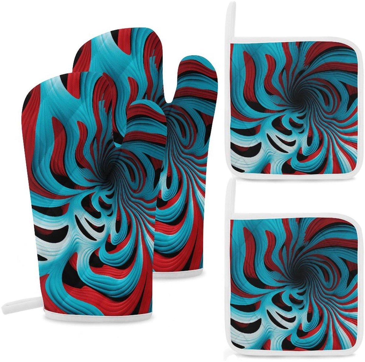 Set van 4 ovenwanten en pannenlappen - Turquoise en rood - Hittebestendig