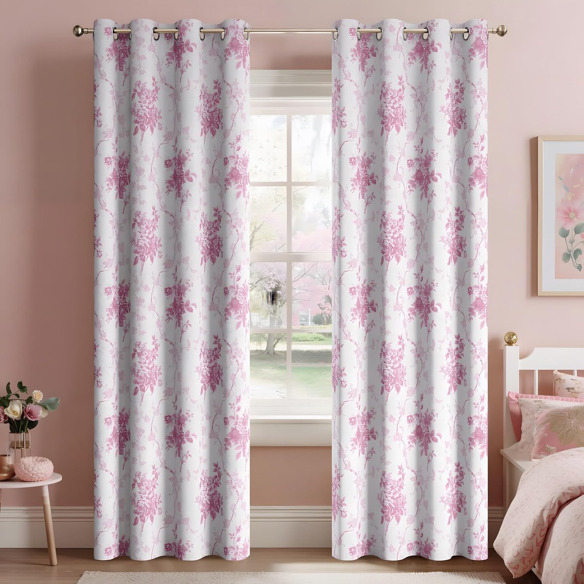 Verduisteringsgordijnen - Roze bloemenprint - 140 x 220 cm (2 stuks)