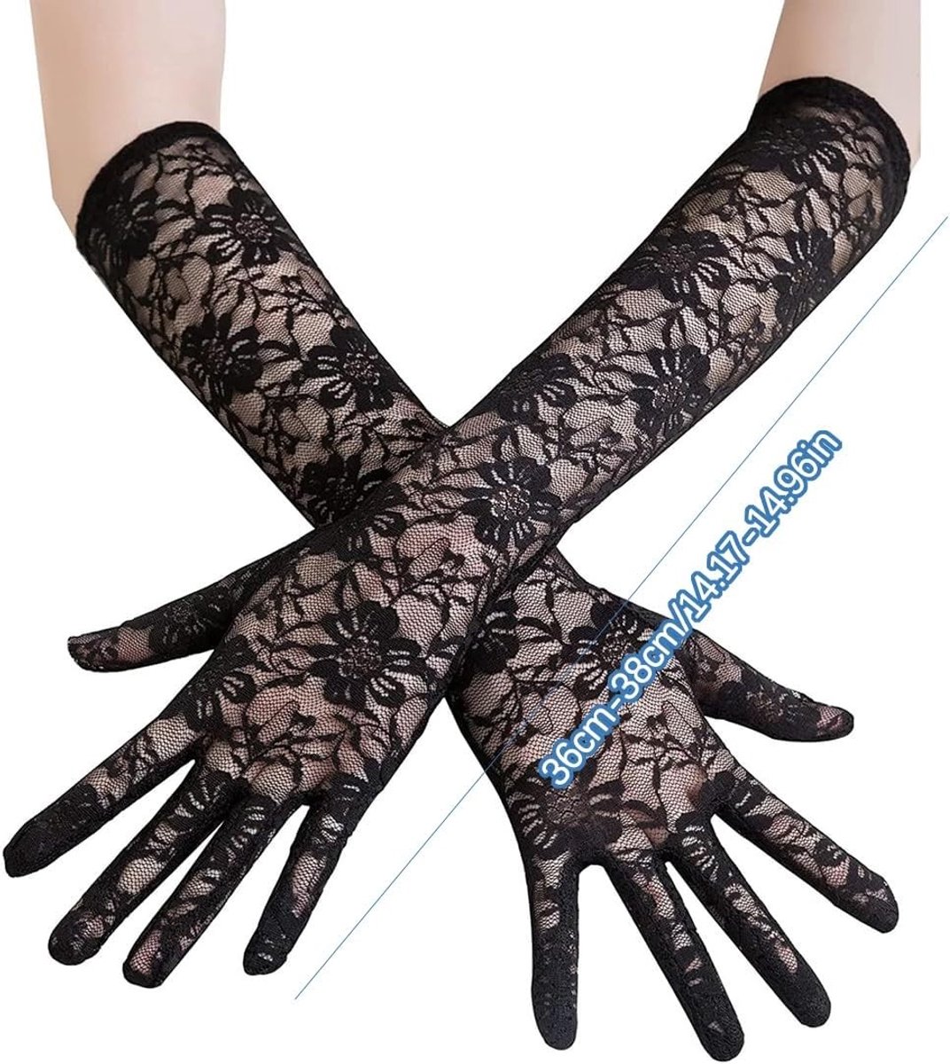 Elegante Lange Zwarte Kanten Handschoenen voor Bruiloft en Avondkleding - Vintage Stijl, Perfect voor Feestjes en Gala's