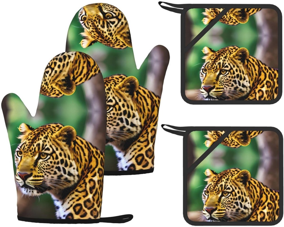 Keukenset met luipaardprint - Hittebestendige ovenhandschoenen en antislip pannenlappen