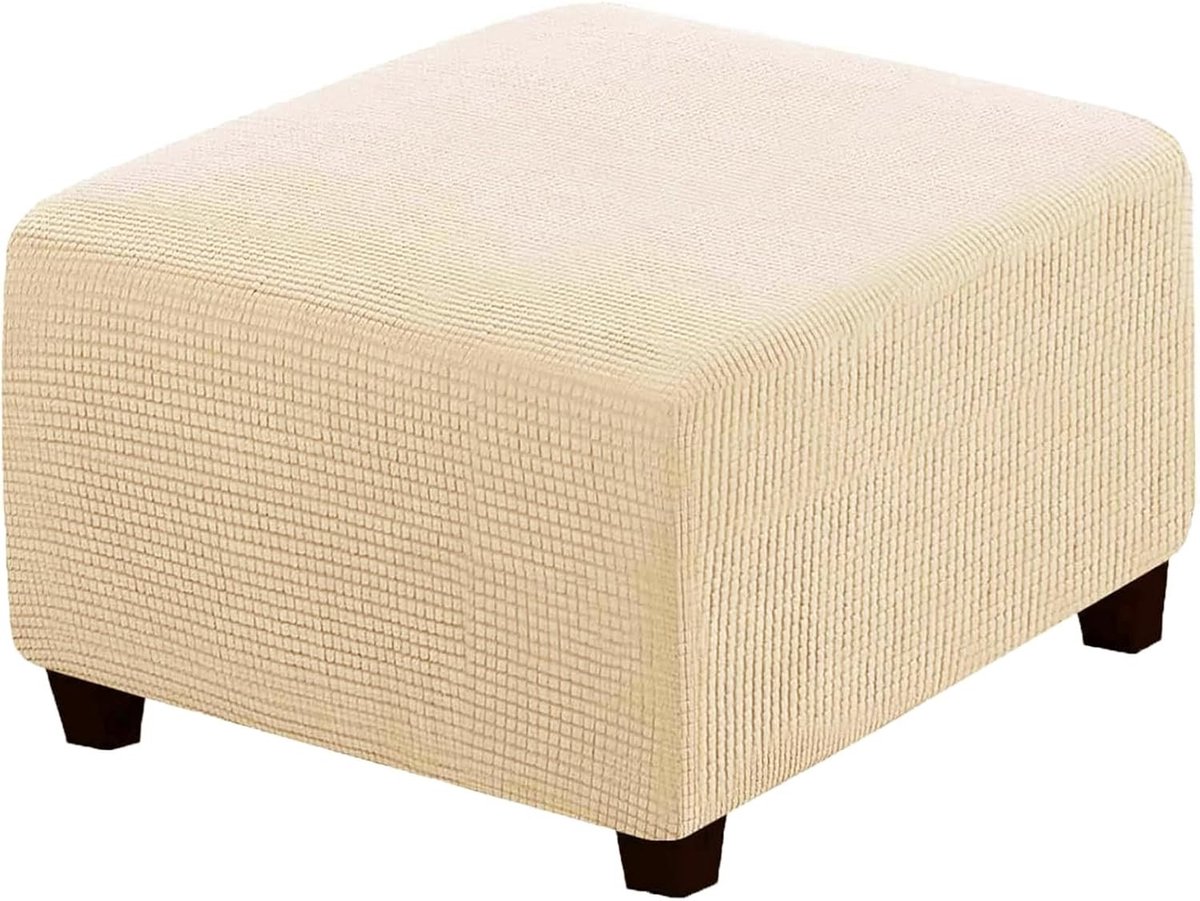 Zachte en Dikke Stretch Jacquard Ottomankap voor Vierkante Voetenbank, Wasbaar en Antislip, Ideaal voor Meubelbescherming en Opbergruimte (Beige Geel)