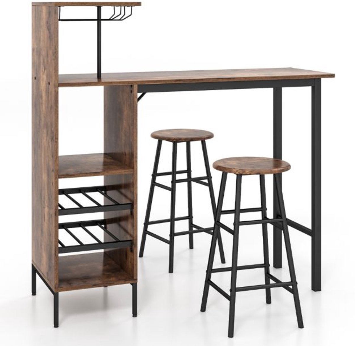 SureDeal® - Keukentafel - Bartafel - Eettafel - Ruimtebesparend - Twee Barkrukken - Opslagruimte - Wijnrek - 120x40x121,5 cm