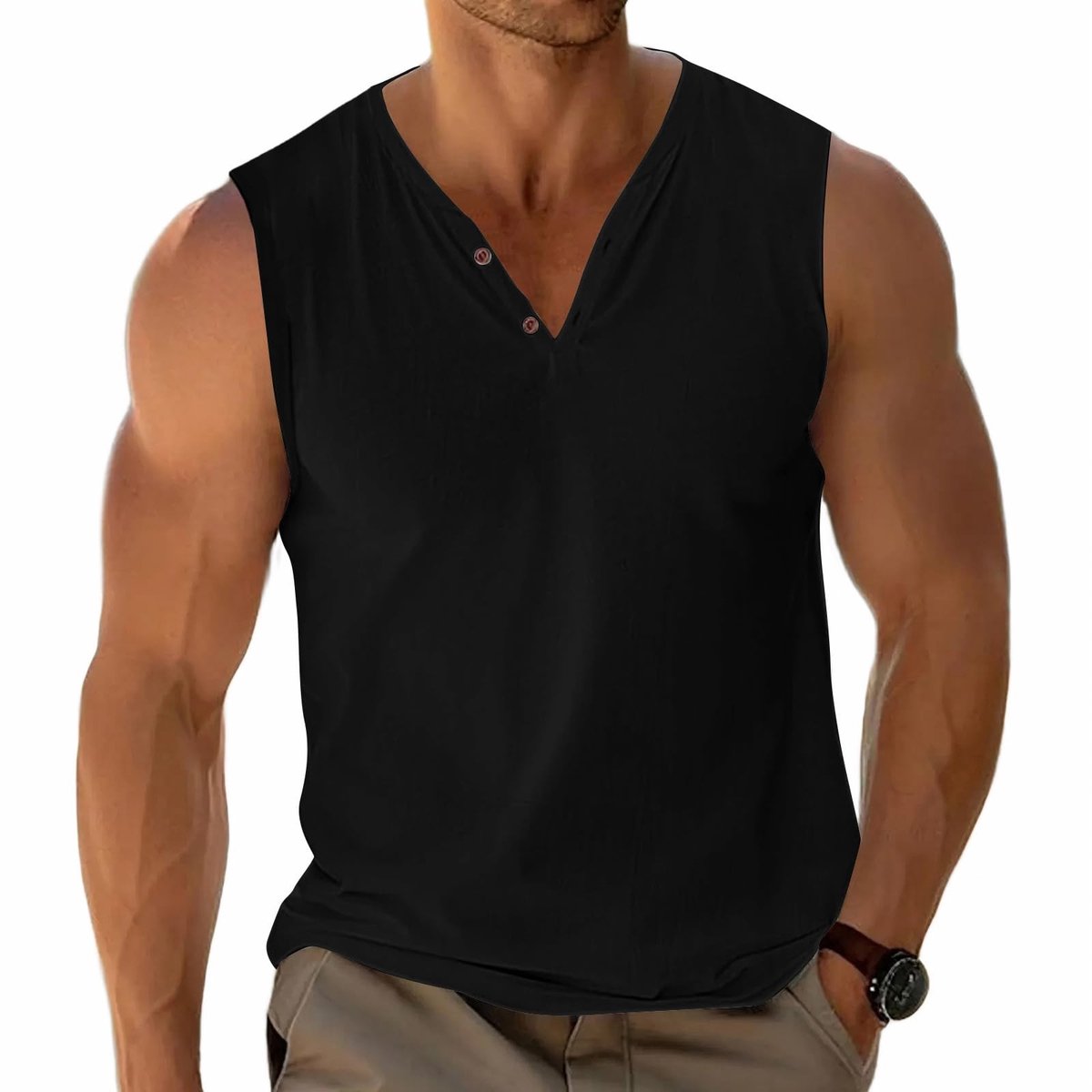 Mannelijke Mouwloze Tanktop - V-hals met Knopen - Zwart