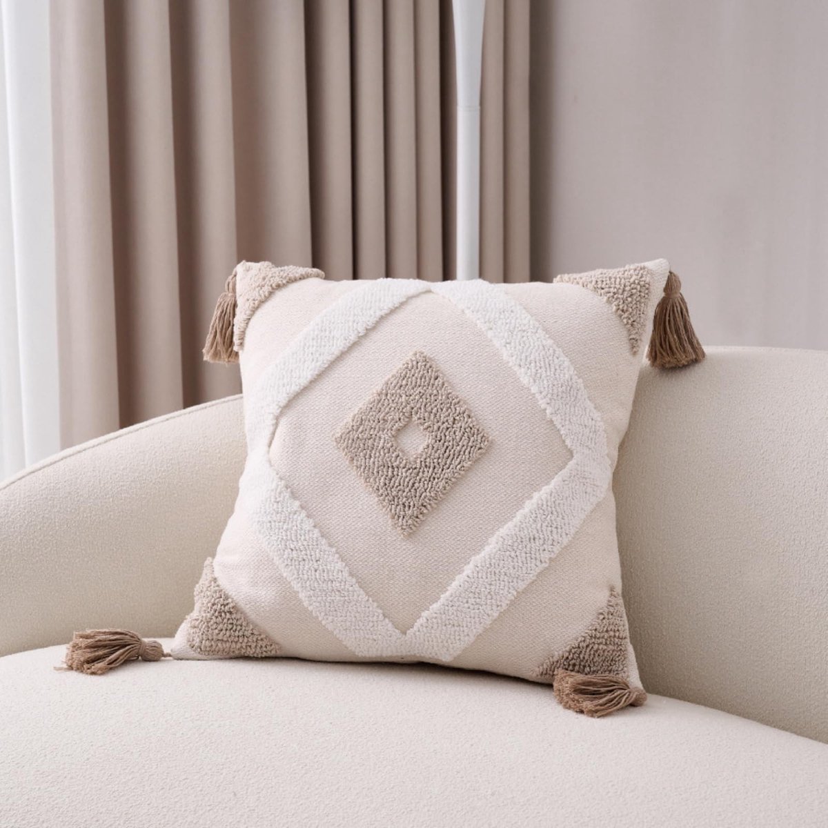 Boho Kussenhoes - Katoen Linnen Met Kwastjes - Beige