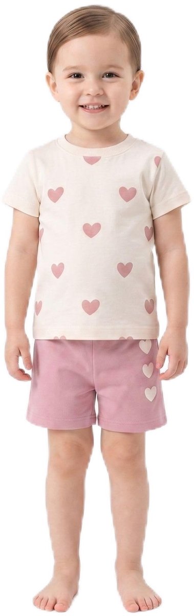 Meisjes Zomer Set - T-shirt met Hartjes en Roze Shorts